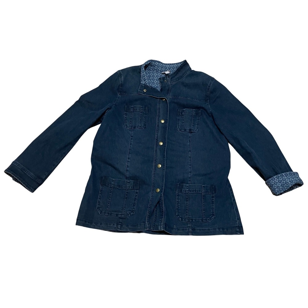 J. Jill Women Petite Large Dark Wash Denim Utility Jacket Medallion Print Lining